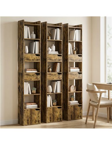 HOMCOM Bookcase Tall Narrow with 5 Tiers and Drawers Freestanding Bookshelf Storage Cabinet for Living Room Rustic Brown