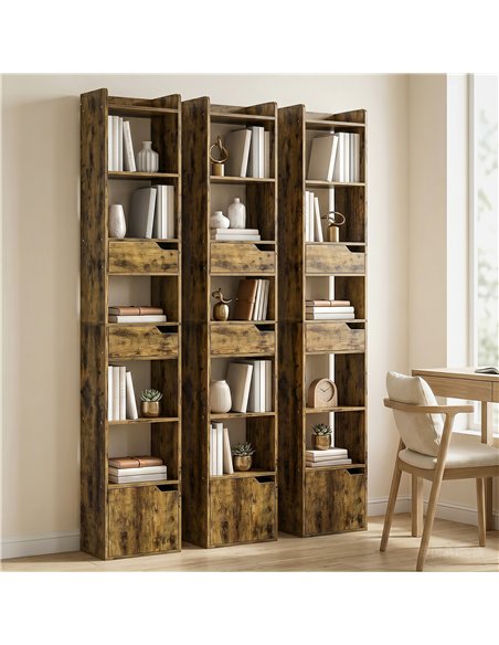 HOMCOM Bookcase Tall Narrow with 5 Tiers and Drawers Freestanding Bookshelf Storage Cabinet for Living Room Rustic Brown - pic 184916 | FastDaddyshop