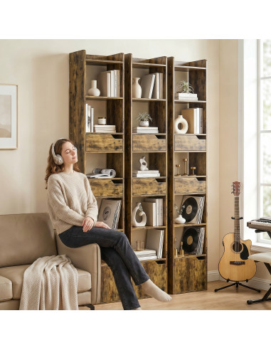 HOMCOM Bookcase Tall Narrow with 5 Tiers and Drawers Freestanding Bookshelf Storage Cabinet for Living Room Rustic Brown