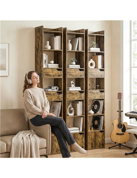 HOMCOM Bookcase Tall Narrow with 5 Tiers and Drawers Freestanding Bookshelf Storage Cabinet for Living Room Rustic Brown - pic 184918 | FastDaddyshop