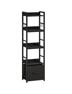 HOMCOM 4-Tier Bookshelf, Narrow Bookcase with Drawer, 8 Hooks, Metal Frame, Black