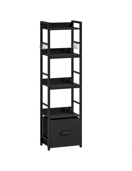 HOMCOM 4-Tier Bookshelf, Narrow Bookcase with Drawer, 8 Hooks, Metal Frame, Black - pic 184919 | FastDaddyshop
