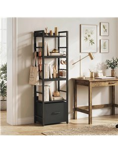 HOMCOM 4-Tier Bookshelf, Narrow Bookcase with Drawer, 8 Hooks, Metal Frame, Black 2