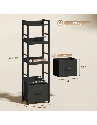 HOMCOM 4-Tier Bookshelf, Narrow Bookcase with Drawer, 8 Hooks, Metal Frame, Black