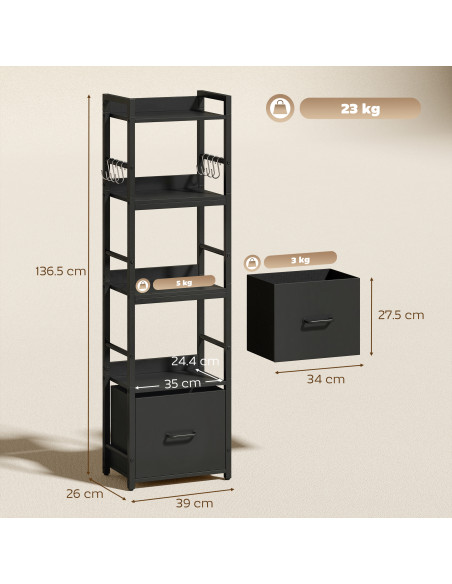 HOMCOM 4-Tier Bookshelf, Narrow Bookcase with Drawer, 8 Hooks, Metal Frame, Black - pic 184921 | FastDaddyshop