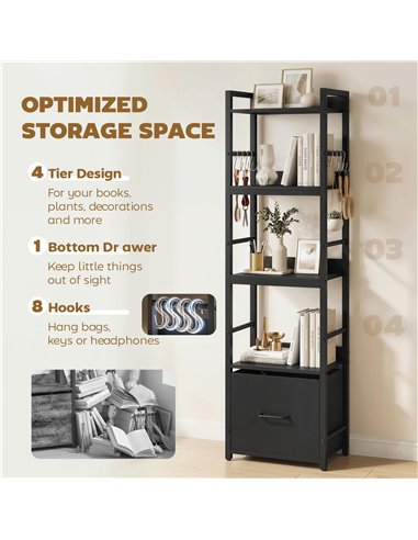 HOMCOM 4-Tier Bookshelf, Narrow Bookcase with Drawer, 8 Hooks, Metal Frame, Black
