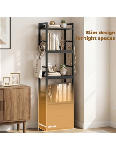 HOMCOM 4-Tier Bookshelf, Narrow Bookcase with Drawer, 8 Hooks, Metal Frame, Black