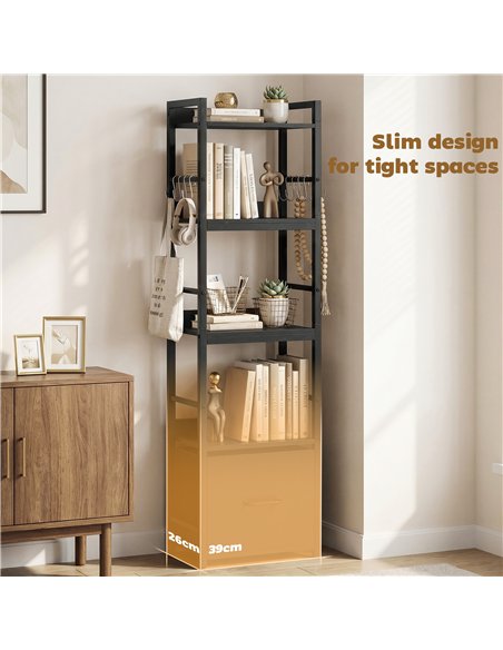HOMCOM 4-Tier Bookshelf, Narrow Bookcase with Drawer, 8 Hooks, Metal Frame, Black - pic 184923 | FastDaddyshop