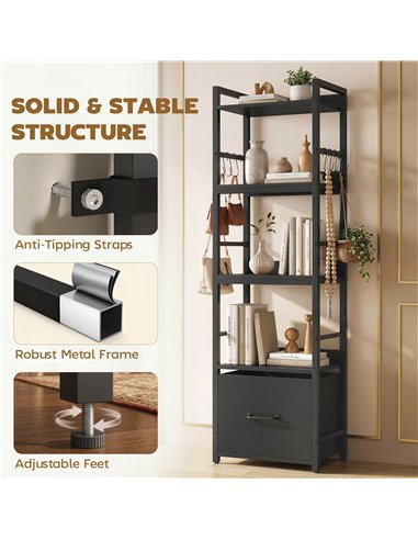 HOMCOM 4-Tier Bookshelf, Narrow Bookcase with Drawer, 8 Hooks, Metal Frame, Black