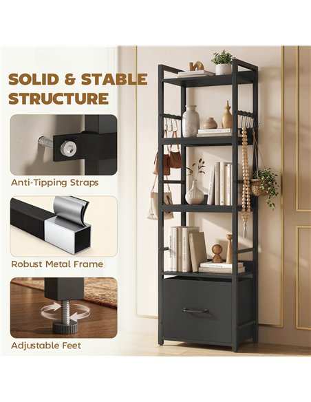 HOMCOM 4-Tier Bookshelf, Narrow Bookcase with Drawer, 8 Hooks, Metal Frame, Black - pic 184924 | FastDaddyshop
