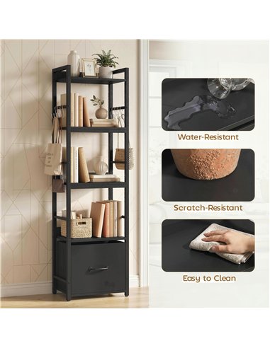 HOMCOM 4-Tier Bookshelf, Narrow Bookcase with Drawer, 8 Hooks, Metal Frame, Black