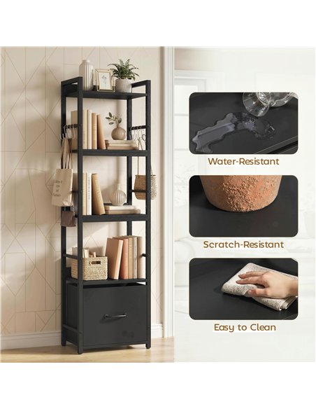 HOMCOM 4-Tier Bookshelf, Narrow Bookcase with Drawer, 8 Hooks, Metal Frame, Black - pic 184925 | FastDaddyshop