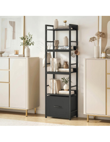 HOMCOM 4-Tier Bookshelf, Narrow Bookcase with Drawer, 8 Hooks, Metal Frame, Black