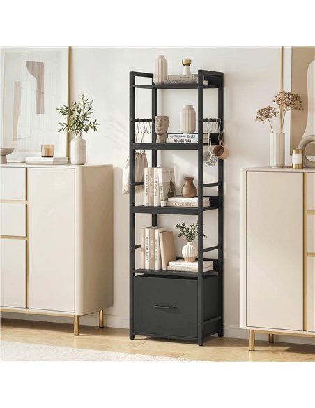 HOMCOM 4-Tier Bookshelf, Narrow Bookcase with Drawer, 8 Hooks, Metal Frame, Black - pic 184926 | FastDaddyshop