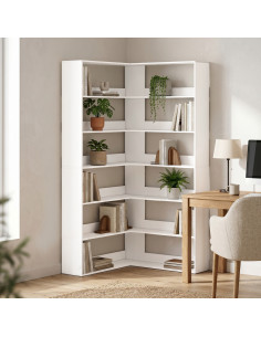 HOMCOM 7 Tiers Bookshelf, L-Shaped Corner Bookcase with Anti-Slip Rear Guard, White Wood Effect 2