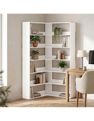 HOMCOM 7 Tiers Bookshelf, L-Shaped Corner Bookcase with Anti-Slip Rear Guard, White Wood Effect