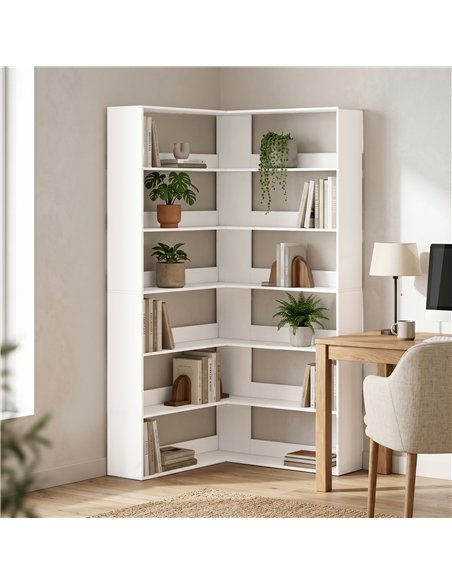 HOMCOM 7 Tiers Bookshelf, L-Shaped Corner Bookcase with Anti-Slip Rear Guard, White Wood Effect - pic 184929 | FastDaddyshop