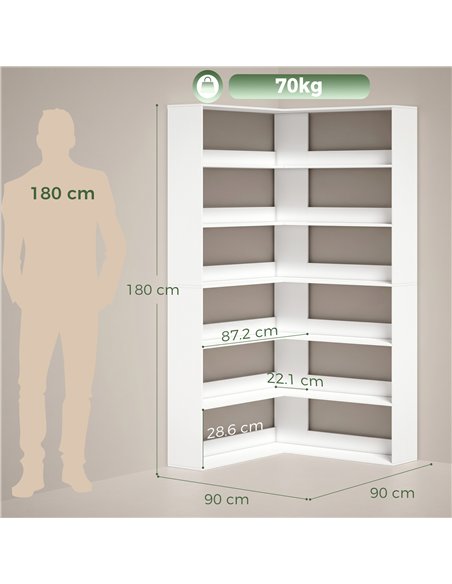 HOMCOM 7 Tiers Bookshelf, L-Shaped Corner Bookcase with Anti-Slip Rear Guard, White Wood Effect - pic 184930 | FastDaddyshop