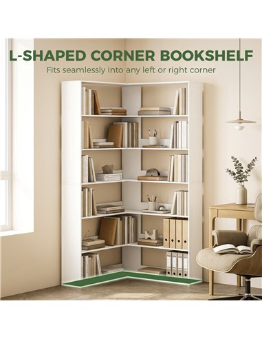 HOMCOM 7 Tiers Bookshelf, L-Shaped Corner Bookcase with Anti-Slip Rear Guard, White Wood Effect