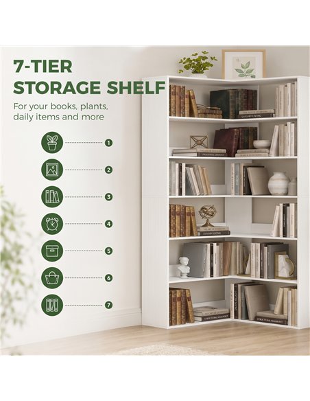 HOMCOM 7 Tiers Bookshelf, L-Shaped Corner Bookcase with Anti-Slip Rear Guard, White Wood Effect - pic 184932 | FastDaddyshop