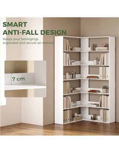 HOMCOM 7 Tiers Bookshelf, L-Shaped Corner Bookcase with Anti-Slip Rear Guard, White Wood Effect