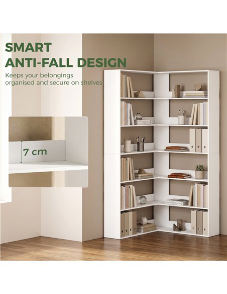 HOMCOM 7 Tiers Bookshelf, L-Shaped Corner Bookcase with Anti-Slip Rear Guard, White Wood Effect - pic 184933 | FastDaddyshop