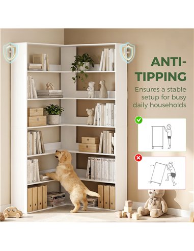HOMCOM 7 Tiers Bookshelf, L-Shaped Corner Bookcase with Anti-Slip Rear Guard, White Wood Effect