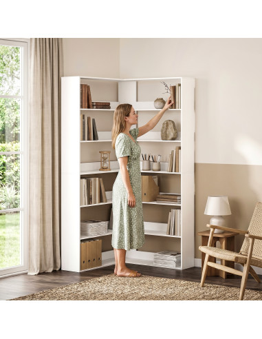 HOMCOM 7 Tiers Bookshelf, L-Shaped Corner Bookcase with Anti-Slip Rear Guard, White Wood Effect