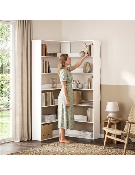 HOMCOM 7 Tiers Bookshelf, L-Shaped Corner Bookcase with Anti-Slip Rear Guard, White Wood Effect - pic 184935 | FastDaddyshop