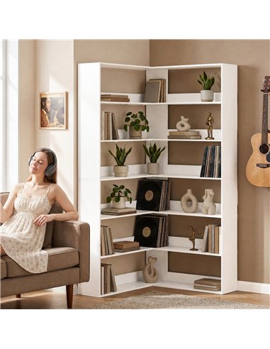 HOMCOM 7 Tiers Bookshelf, L-Shaped Corner Bookcase with Anti-Slip Rear Guard, White Wood Effect