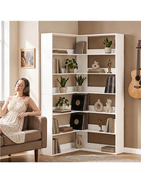 HOMCOM 7 Tiers Bookshelf, L-Shaped Corner Bookcase with Anti-Slip Rear Guard, White Wood Effect - pic 184936 | FastDaddyshop
