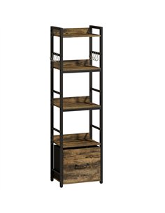 HOMCOM 4-Tier Bookshelf, Narrow Bookcase with Drawer, 8 Hooks, Metal Frame, Rustic Brown