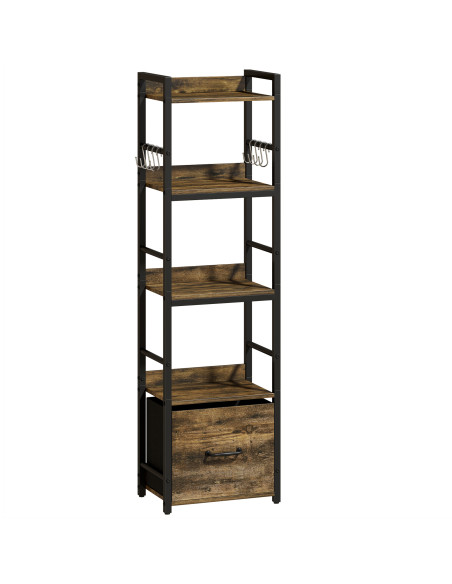 HOMCOM 4-Tier Bookshelf, Narrow Bookcase with Drawer, 8 Hooks, Metal Frame, Rustic Brown - pic 184937 | FastDaddyshop