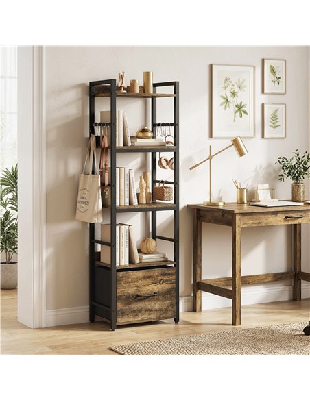 HOMCOM 4-Tier Bookshelf, Narrow Bookcase with Drawer, 8 Hooks, Metal Frame, Rustic Brown - pic 184938 | FastDaddyshop