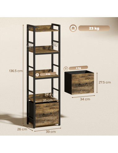 HOMCOM 4-Tier Bookshelf, Narrow Bookcase with Drawer, 8 Hooks, Metal Frame, Rustic Brown