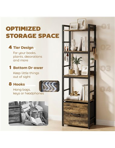HOMCOM 4-Tier Bookshelf, Narrow Bookcase with Drawer, 8 Hooks, Metal Frame, Rustic Brown