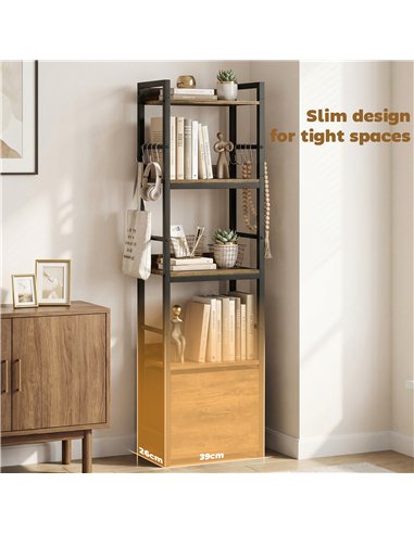 HOMCOM 4-Tier Bookshelf, Narrow Bookcase with Drawer, 8 Hooks, Metal Frame, Rustic Brown
