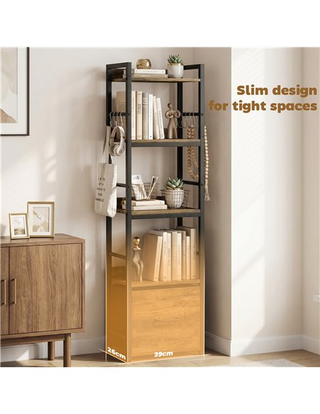HOMCOM 4-Tier Bookshelf, Narrow Bookcase with Drawer, 8 Hooks, Metal Frame, Rustic Brown - pic 184941 | FastDaddyshop