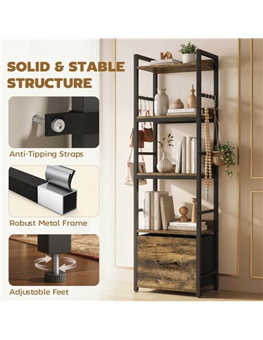 HOMCOM 4-Tier Bookshelf, Narrow Bookcase with Drawer, 8 Hooks, Metal Frame, Rustic Brown