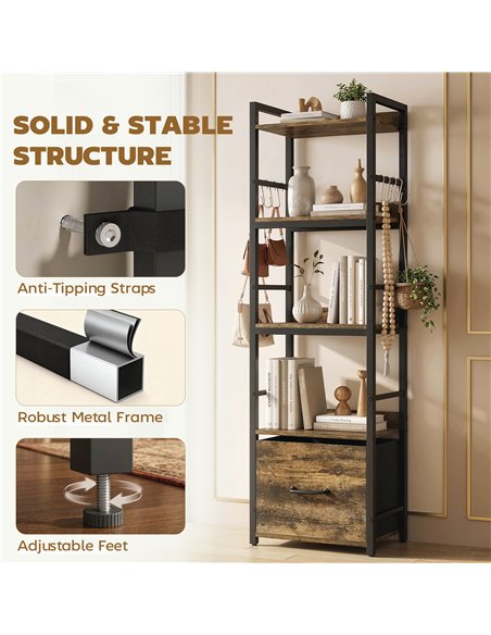 HOMCOM 4-Tier Bookshelf, Narrow Bookcase with Drawer, 8 Hooks, Metal Frame, Rustic Brown - pic 184942 | FastDaddyshop