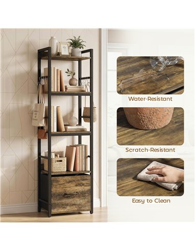 HOMCOM 4-Tier Bookshelf, Narrow Bookcase with Drawer, 8 Hooks, Metal Frame, Rustic Brown