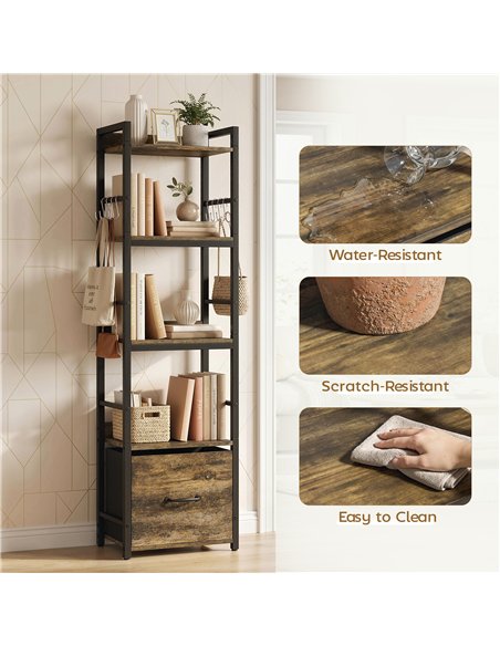 HOMCOM 4-Tier Bookshelf, Narrow Bookcase with Drawer, 8 Hooks, Metal Frame, Rustic Brown - pic 184943 | FastDaddyshop