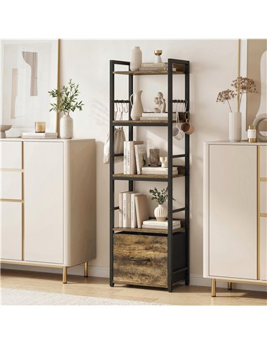 HOMCOM 4-Tier Bookshelf, Narrow Bookcase with Drawer, 8 Hooks, Metal Frame, Rustic Brown