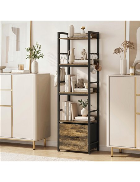 HOMCOM 4-Tier Bookshelf, Narrow Bookcase with Drawer, 8 Hooks, Metal Frame, Rustic Brown - pic 184944 | FastDaddyshop