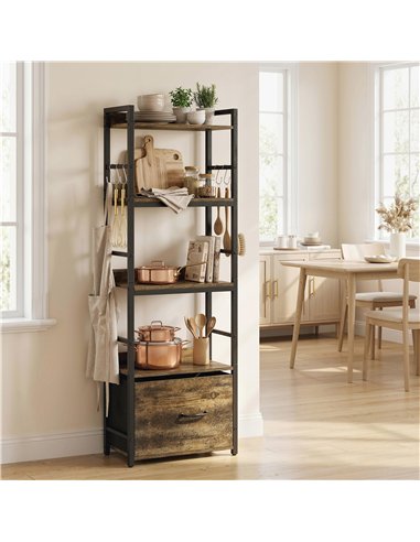 HOMCOM 4-Tier Bookshelf, Narrow Bookcase with Drawer, 8 Hooks, Metal Frame, Rustic Brown