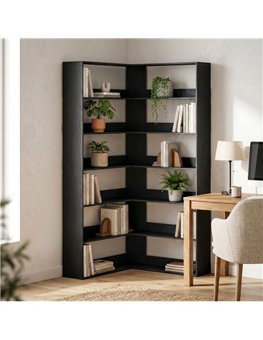 HOMCOM 7 Tiers Bookshelf, L-Shaped Corner Bookcase with Anti-Slip Rear Guard, Black Wood Effect