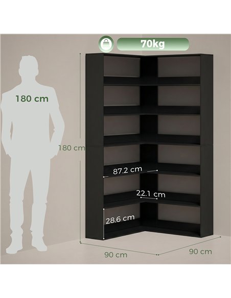 HOMCOM 7 Tiers Bookshelf, L-Shaped Corner Bookcase with Anti-Slip Rear Guard, Black Wood Effect - pic 184966 | FastDaddyshop