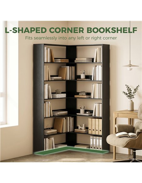 HOMCOM 7 Tiers Bookshelf, L-Shaped Corner Bookcase with Anti-Slip Rear Guard, Black Wood Effect - pic 184967 | FastDaddyshop
