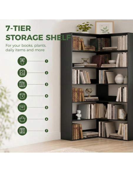 HOMCOM 7 Tiers Bookshelf, L-Shaped Corner Bookcase with Anti-Slip Rear Guard, Black Wood Effect - pic 184968 | FastDaddyshop