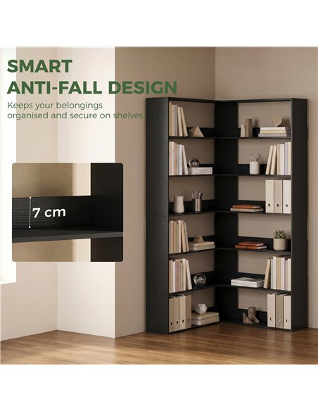 HOMCOM 7 Tiers Bookshelf, L-Shaped Corner Bookcase with Anti-Slip Rear Guard, Black Wood Effect - pic 184969 | FastDaddyshop
